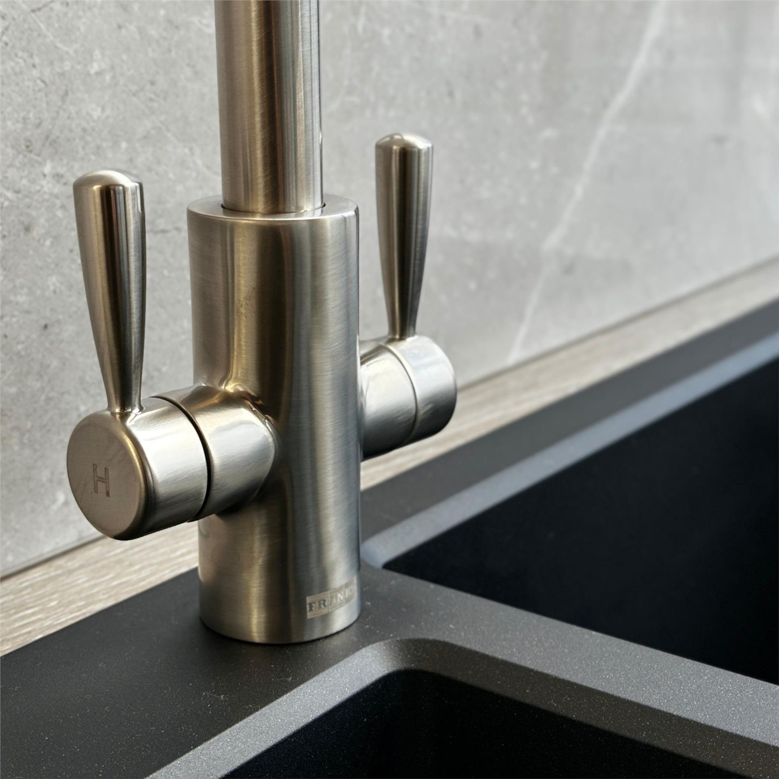 Franke Ascona Swan Neck Swivel Spout Twin Lever Silk Steel Mixer Kitchen Tap